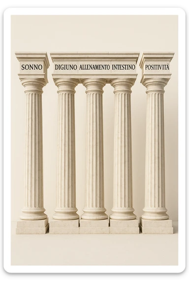 5 pilastri con le scritte "SONNO", "DIGIUNO", "ALLENAMENTO", "INTESTINO", "POSITIVITà" IMMAGINE IPERREALISTICA SFONDO CHIARO IN ITALIANO sticker