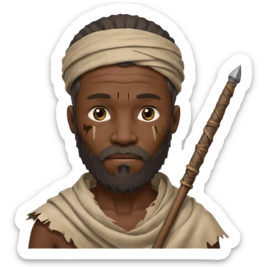 African ancient man, tattered cloth with raw stick weapon, beard and bold sticker
