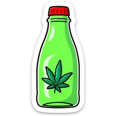 Classic Coca-Cola shaped glass bottle with curved contours, red color, with a cannabis leaf sticker