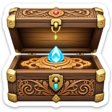 magical wooden box with intricate carvings, glowing softly, holding necklaces inside sticker