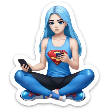 Shameful disappointed crying-very very very very big chest-texting on a samsung cell phone-very long straight flowing black to sky blue hair ombre-blue eyes-black eyeliner-long eyelashes-plastic sparkling sky blue very low cut tank top with sparkling superman logo-black leggings-nike sneakers sticker
