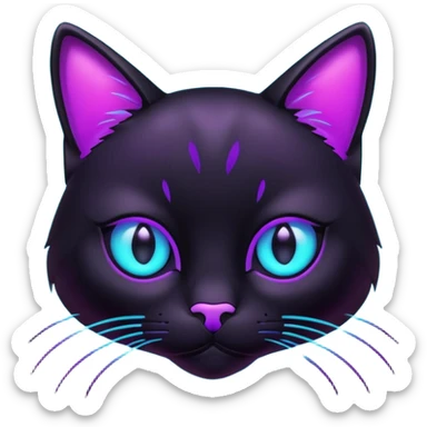 futuristic glowing black cat emoji, neon cyan eyes, purple #8B5CF6 highlights, tech minimal style, dark background sticker
