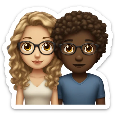 A light skinned girl with brown eyes, long light brown hair and glasses who is KISSING ON LIPS a dark skinned boy with brown eyes and curly hair sticker