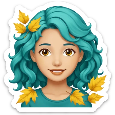 A woman with wavy teal hair decorated with yellow leaves, looking forward with a gentle smile. sticker