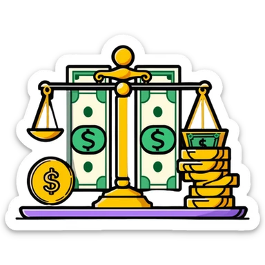 gold scale with cash on one side and beauty products on the other sticker