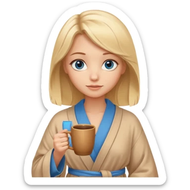 cozy blonde girl with middle length hair and blue eyes holds a brown cup in beige  robe sticker