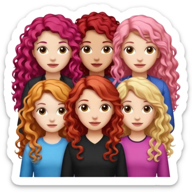 5 girls, one curly redhead, one with brunette dyed blonde hair, one long haired wavy brunette, one mid-length haired brunette, and one black haired girl with partially dyed bright red/pink hair sticker
