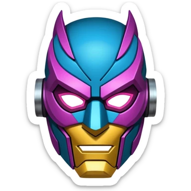 "Stylized sticker of a mechanical superhero mask, urban graffiti style, sharp edges, neon light accents, thick contour lines, high contrast, matte finish, isolated on white." sticker