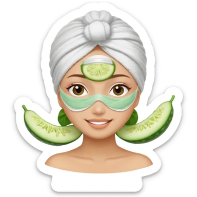 girl with her hair in a towel turban and a faks mask on and cucumber slices over her eyes at a spa sticker