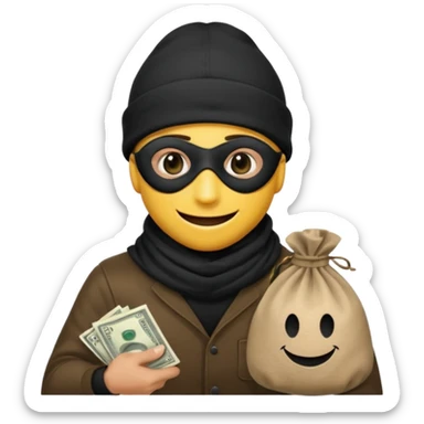 smiley robber wears black eye mask and black beanies with one money bag beside him sticker
