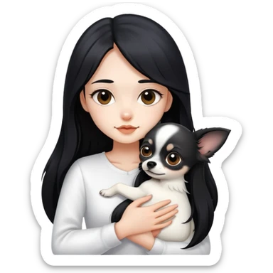 Fair skin girl - long black hair - white clothes - hugging a black long hair chihuahua sticker