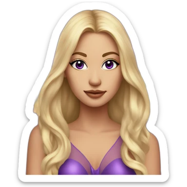 woman with long blonde hair, with angel wings behind her, in a fancy purple dress, with purple eye shadow, sticker