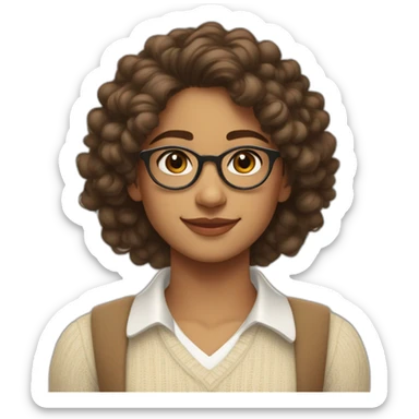 smiling indian teenage girl with curly hair and glasses wearing a collared long sleeve white shirt under a beige v shaped collar sweatervest with no buttons sticker