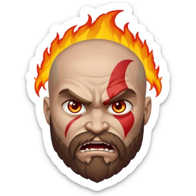 A custom emoji design of "Kratos" from "God of War", "Rage mode with fire eyes", "Apple Emoji Style", isolated on white background, clean lines, high quality sticker style, vector graphics, minimalistic sticker