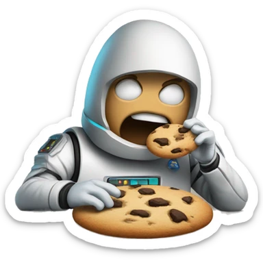 man eating a cookie while fighting aliens with a lazer and coding sticker