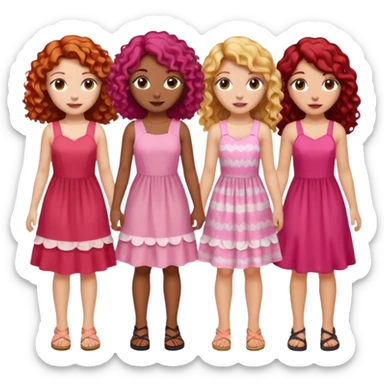 5 girls  curly redhead, one with brunette dyed blonde hair, one long haired wavy brunette, one mid-length haired brunette, and one black haired girl with partially dyed bright red/pink hair sticker