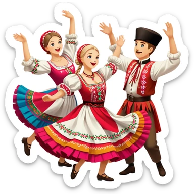 Cinematic Realistic Mazurka Dance Emoji, depicted as a lively traditional Polish folk dance scene with colorful costumes and spirited movement, rendered with dynamic textures and vibrant festive lighting that captures its rhythmic energy. sticker