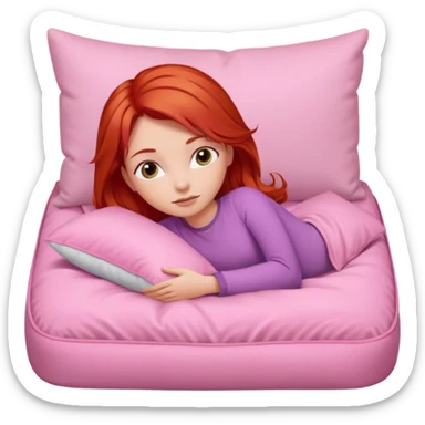 Red hair girl laying in a pink bed with pillow sticker