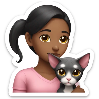 A girl with black hair hugs a pink sphinx cat  sticker