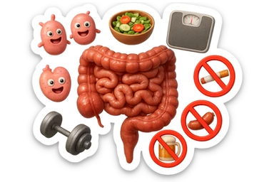 intestino umano anatomico realistico al centro, intorno al quale ruotano emoji stile iphone di: due batteri intestinali felici, una bowl di insalata, una bilancia pesapersone, manubri da palestra, e un boccale di birra con divieto 3d sopra, una sigaretta con divieto 3d sopra e un wurstel con divieto 3d sopra, fluttuano in aria, iperrealistico 4k sticker