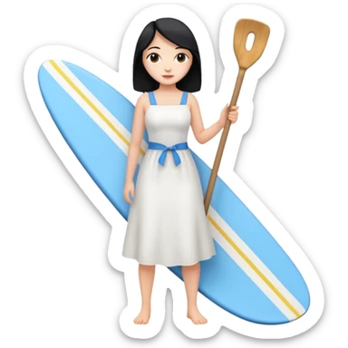 Princess who wearing white dress (woman) black hair holding her phone and long shovel with another hand. She is standing on her feet, there is one blue surfing board. sticker