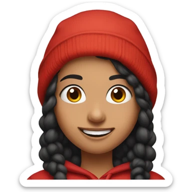 Spanish girl wearing black beanie and red hoodie with a nose piercing and thick eye brows and smiling sticker