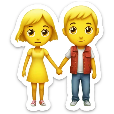 two bright yellow emojis of a boy and a girl holding hands on a lush green grass field. The girl is looking away, as if she is about to leave. The boy is looking at her with a sad expression, as if he doesn't want her to go. sticker