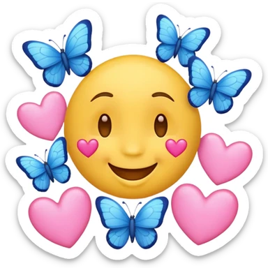 happy face emoji with pink hearts and blue butterflies around it sticker