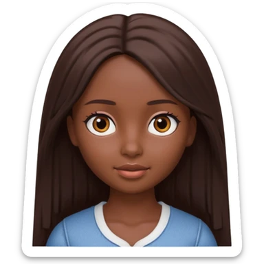 Boneca digital em estilo 3D realista e fofo, semelhante a uma boneca colecionável. Mulher jovem com pele negra, olhos castanhos escuros, cabelo liso cor chocolate, longo e bem alinhado.  sticker