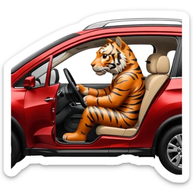 Side view of Tiger driving inside a RED NISSAN ROGUE SUV sticker