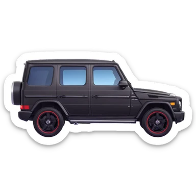 Edit the Mercedes G-Class SUV exact side view to be about 50% minimalized but keep key details like simple door lines and basic rims. Maintain the clear G-Class shape in black color. Style it in 3D Apple emoji-like style with no background, balancing minimalism and recognizability. sticker