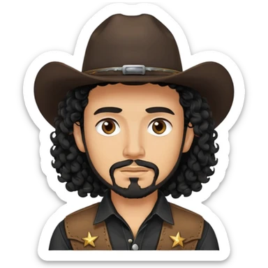 Cowboy with black long curly hair, brown eyes, tan skin and light black goatee black shirt sticker