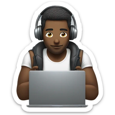 man in headphones talking hold laptop and phone only upper part of body  sticker