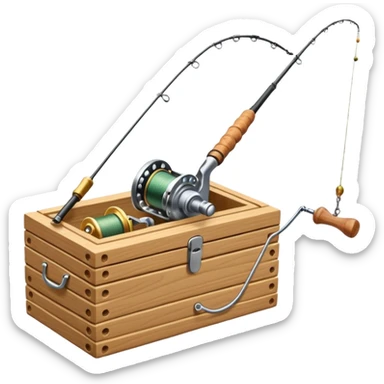A fishing rod with reel and line neatly coiled beside a bait box. sticker