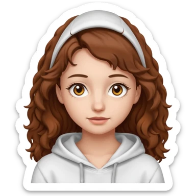 Una ragazza con una felpa semplice bianca,ha gli occhi marroni,i capelli marroni  , c’è gli ha lunghi e ricci ma non troppo e ha le ciglia stile emoji apple sticker