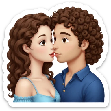 Couple kissing, the man would be white-skinned, curly-haired, brown. The serious woman with white skin, long hair and brown color  sticker