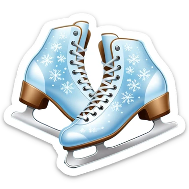 An icon showing In the background, twinkling lights, winter trees, and cheering spectators create a festive atmosphere. a pair of elegant ice skates gliding across a smooth, frozen rink with snowflakes in the air. Transparent background highlights the grace and charm of ice skating. sticker