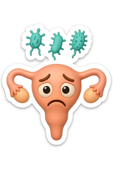 EMOJI STILE IPHONE 3D DI UTERO 3D CON ESPRESSIONE TRISTE  IN VOLTO MENTRE SOPRA LUI FLUTTUANO BATTERI, FAGLI ANCHE LA PARTE BIANCA DEGLI OCCHI, NON SOLO LA PUPILLA sticker