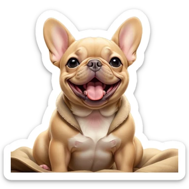Cinematic Cute Yawning Fawn French Bulldog Portrait Emoji, Head tilted slightly with a dramatic, wide-open yawn, showcasing a sleek fawn coat with a refined texture, floppy ears slightly drooping, round dark eyes barely open in drowsy contentment, Simplified yet irresistibly adorable features, highly detailed, glowing with a soft, cozy glow, high shine, relaxed yet expressive, stylized with a touch of whimsy, bright and endearing, soft glowing outline, capturing the essence of a sleepy yet affectionate companion, so drowsy it feels like it could stretch out of the screen and curl up for a nap! sticker