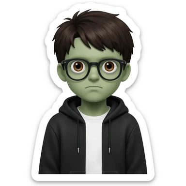 zombie boy with white tshirt and black brownish hair and with black glasses frames on hair is texturized young boy and round face more green face and dark brown eyes black thick cotton y2k hoodie with the white t-shirt under it hood of hoodie is standing up a slight bit and no ties on hoodie sticker