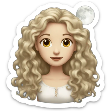 A white girl with long, semi-curly hair holding the moon sticker