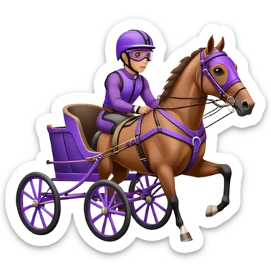 A brown harness racing horse. The sulky, a lightweight two-wheeled cart, is painted in black and attached to the horse’s harness. A driver, dressed in purple, is seated in the sulky, wearing a purple helmet with goggles. sticker