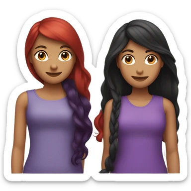 “Create an emoji with three girl friends: one with short purple-red hair, another with long black hair, and the third with long red hair.” sticker