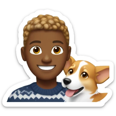 Ginger-blonde haired African American Boy teen playing with corgi in front of Christmas tree sticker