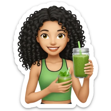 Mixed-race athletic woman with caramel skin, long black curly hair, holding a glass jar of green smoothie,  sticker
