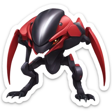 a shiny black-red Genesect-Raptor-Fakémon—hybrid with a futuristic visor-helmet full body sticker