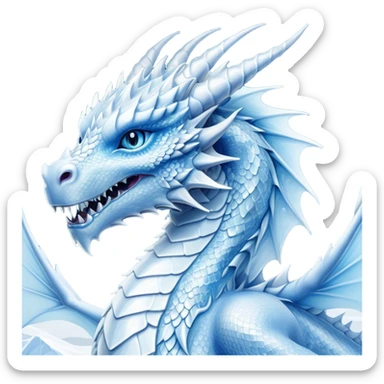 Cinematic Noble Beautiful Ice Dragon Portrait Emoji, Poised and majestic, with an ethereal, crystalline body adorned in intricately detailed scales of frosty blues and silvery whites reminiscent of glacial ice and delicate snowflakes, and piercing, cool eyes reflecting winter’s clarity; rendered with lifelike texture and subtle natural highlights, high shine, elegant and formidable, styled with an aura of chilling mythic beauty, focused and serene, soft glowing outline, capturing the essence of a legendary ice sovereign ready to glide gracefully out of the screen with timeless frosty allure! sticker