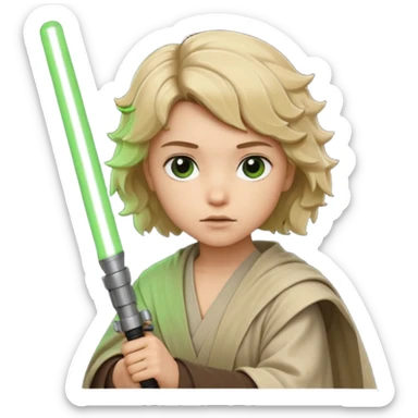 Young jedi with sandy blonde wavy short hair holding a green lightsaber sticker