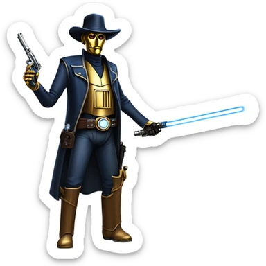 friendly frantic bounty hunter tarnished undercover tough well-equipped Jedi life-sized darkblue-pearl C3po leather vest clothing pants and vest old west duster coat holding light saber sheriff holstered gun hat floating sticker