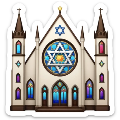 reform jewish synagogue similar in architecture to historical religious architecture in europe. the building should be white in color, featuring gothic architectural elements and star of david. avoid christian symbols. the emoji should be in ios emoji style. sticker